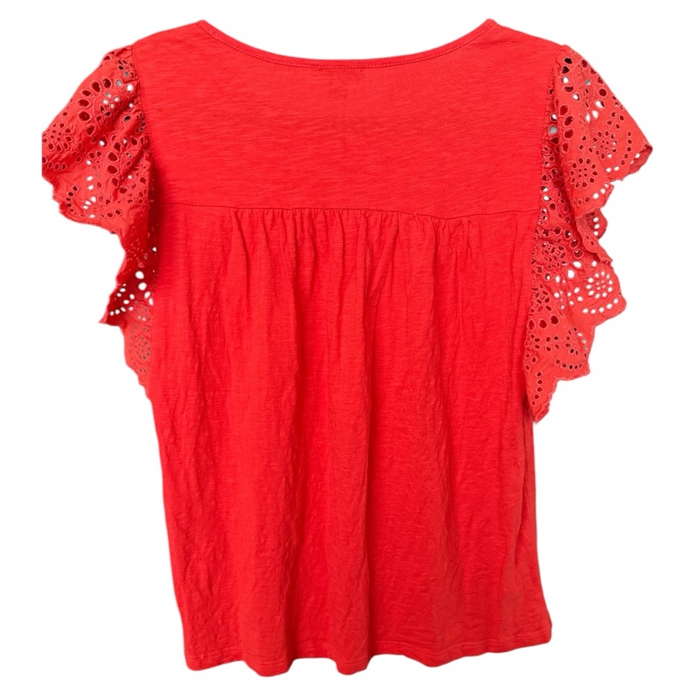 J Crew Eyelet Flutter-Sleeve Top with Pom-Pom Trim Orange Size Medium - Picture 3 of 3